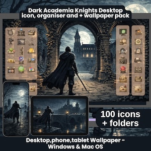 May include: Dark Academia Knights desktop icon, organiser, and wallpaper pack. The image shows a knight in armour standing before a castle under a full moon. Includes 100 icons and folders. Compatible with Windows & Mac OS.