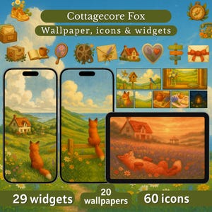 Conjunto de iconos Cottagecore para iOS y Android + widgets + fondo de pantalla para teléfono / Paquete de iconos de aplicaciones con estética vintage acogedor para teléfono y tableta / Tema digital acogedor