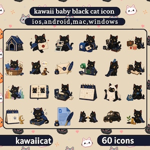 May include: A digital collection of 60 icons featuring a black cat wearing a blue star-patterned cape. The icons depict the cat interacting with various objects like cameras, mail, books, calendars, and typewriters. Text includes kawaii baby black cat icon, ios, android, mac, windows, and 60 icons.