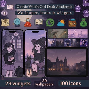 Może przedstawiać: Cyfrowa grafika w stylu Gothic Witch Girl Dark Academia. Obraz przedstawia ekrany telefonów i tabletów z tapetami, ikonami i widżetami. Tekst zawiera "29 widżetów", "20 tapet" i "100 ikon".