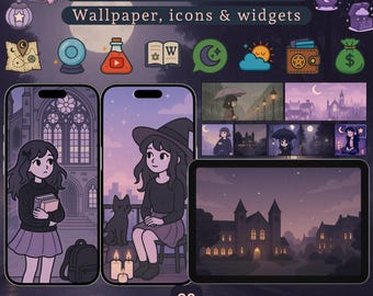 Gotisch heksenmeisje telefoonthema – Dark Academia achtergrond, pictogrammen en widgets (digitale download)