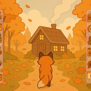 May include: An autumn-themed digital illustration featuring a fox walking towards a cabin. The scene is set in a forest with orange and yellow foliage. Two sets of icons are on either side of the image, with icons of folders, leaves, and other fall-related items.
