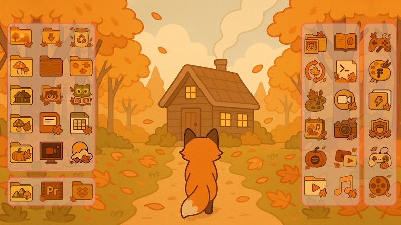 May include: An autumn-themed digital illustration featuring a fox walking towards a cabin. The scene is set in a forest with orange and yellow foliage. Two sets of icons are on either side of the image, with icons of folders, leaves, and other fall-related items.