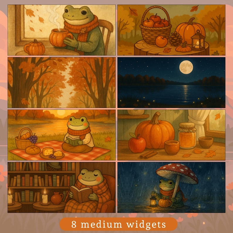 May include: A collection of eight medium widgets featuring charming illustrations of a frog enjoying autumn. Scenes include a frog drinking tea, reading, and enjoying a picnic, with pumpkins, apples, and fall foliage. The text "8 medium widgets" is at the bottom.