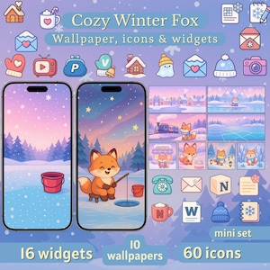 Op de afbeelding: Een digitale kunstset met een winterthema en een vos. Het bevat 16 widgets, 10 wallpapers en 60 iconen. Het ontwerp toont een vos die vist op een bevroren meer, winterlandschappen en diverse app-iconen. De tekst "Cozy Winter Fox" wordt weergegeven.