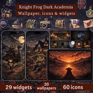 Könnte beinhalten: Digitales Kunstwerk zum Thema "Knight Frog Dark Academia". Es zeigt Hintergrundbilder, Symbole und Widgets für Telefone und Tablets. Das Bild enthält einen Froschritter, ein dunkles Schloss und einen Sonnenuntergang über einem See. Der Text lautet "29 Widgets", "20 Hintergrundbilder" und "60 Symbole".