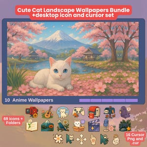Landscape desktop theme and Mouse Cursor Cat desktop wallpaper Bundle Cute Cat Theme Windows - Mac Compatible computer wallpaper
