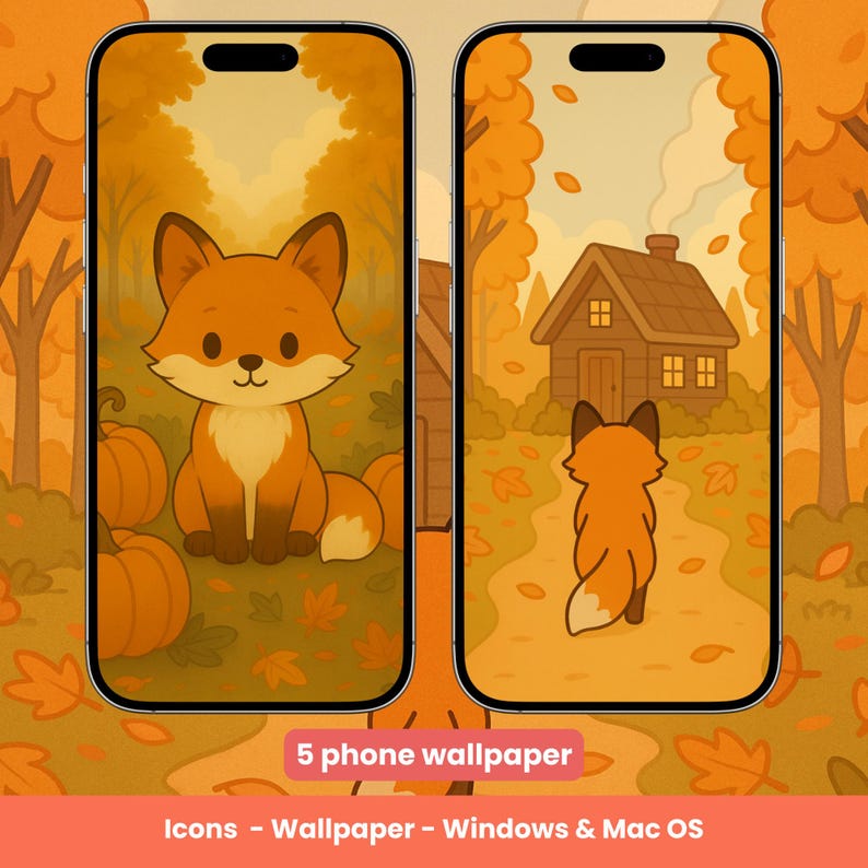 May include: Two phone wallpapers featuring autumn scenes. One shows a cartoon fox with pumpkins, the other a fox walking towards a cabin. The wallpapers are in shades of orange and brown, with the text "5 phone wallpaper" and "Icons - Wallpaper - Windows & Mac OS".