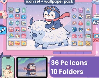 Kawaii Pinguïn Desktop Thema – Winterpictogrammen, Mappen & Achtergronden (Digitale Download)