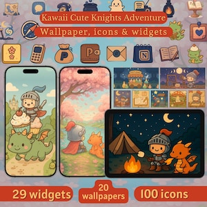 Op de afbeelding: Digitale kunst met het thema 'Kawaii Cute Knights Adventure'. De afbeelding toont telefoon- en tabletschermen met achtergronden, pictogrammen en widgets. Het ontwerp bevat een ridder, een draak en de tekst '29 widgets', '20 wallpapers' en '100 icons'.