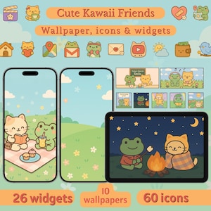 Lindo fondo de pantalla de gato kawaii y paquete de iconos de aplicaciones - Paquete de widgets - iOS y Android / Widgets, Tablet - Fondos de pantalla para teléfono / Tema estético kawaii