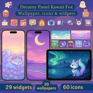 Fondos de pantalla y widgets de teléfono con tonos pastel de ensueño / Paquete estético iOS y Android / Tema de teléfono Fox Kawaii
