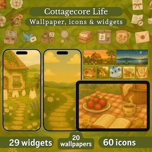 Conjunto de iconos de Cottagecore para iOS y Android, widgets y fondo de pantalla para teléfono. Iconos de aplicaciones con estética vintage acogedora para teléfono y tableta. Tema digital acogedor.