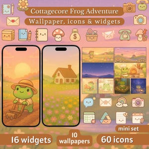 Könnte beinhalten: Ein digitales Mini-Set im Cottagecore-Stil mit einem Frosch-Charakter. Das Set enthält 10 Hintergrundbilder, 60 Icons und 16 Widgets. Die Farbpalette ist warm, mit Bildern von einem Frosch, einem Haus und einem Blumenfeld.
