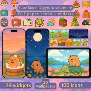 May include: A digital art illustration featuring a cute capybara theme. The image showcases phone and tablet screens with wallpapers, icons, and widgets. The text reads "Cute Kawaii Capybara Adventure Wallpaper, icons & widgets", with 29 widgets, 20 wallpapers, and 100 icons.