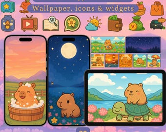 Kawaii Capybara App Icons, Wallpapers and Widgets (iOS & Android Theme) (Digital Download)