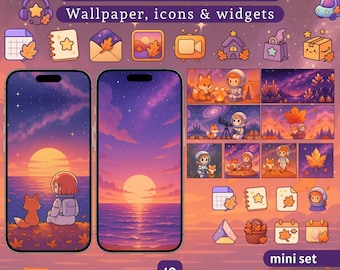 May include: A digital art set featuring a "Cute Kawaii Friends Autumn Space" theme. The image showcases wallpapers, icons, and widgets with a sunset and space aesthetic. The set includes 16 widgets, 10 wallpapers, and 60 icons.