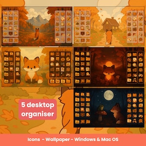 May include: A digital art collection featuring five desktop organizer designs with a fall theme. The designs include a cartoon fox in various autumnal scenes, with icons and wallpapers for Windows and Mac OS. The text "5 desktop organiser" is visible.