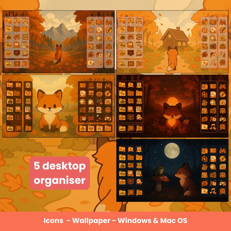 May include: A digital art collection featuring five desktop organizer designs with a fall theme. The designs include a cartoon fox in various autumnal scenes, with icons and wallpapers for Windows and Mac OS. The text "5 desktop organiser" is visible.