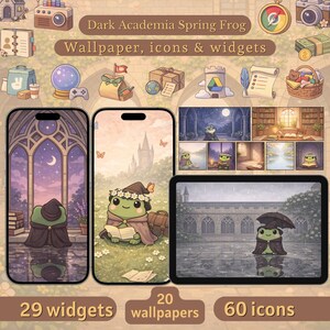 May include: Digital art with a 'Dark Academia Spring Frog' theme, displaying phone and tablet screens with frog illustrations, icons, and widgets. The text indicates 29 widgets, 20 wallpapers, and 60 icons.