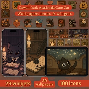 Kawaii Cat Dark Academia iOS Icon Pack: 100 App Icons, Widgets, Wallpapers