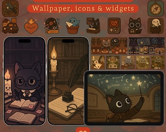 Black Cat Kawaii-pictogrammen en mobiele achtergrond Dark Academia-pictogrammen Widget en İpad-achtergrond en ipad-pictogrammen Android- en İtelefoonachtergrondbundel
