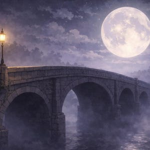 Pode incluir: Uma ponte de pedra arqueia-se sobre um rio enevoado sob a lua cheia. Um lampi&atilde;o aceso est&aacute; sobre a ponte, e um castelo &eacute; vis&iacute;vel ao longe. A cena &eacute; ambientada &agrave; noite com um clima escuro e atmosf&eacute;rico.