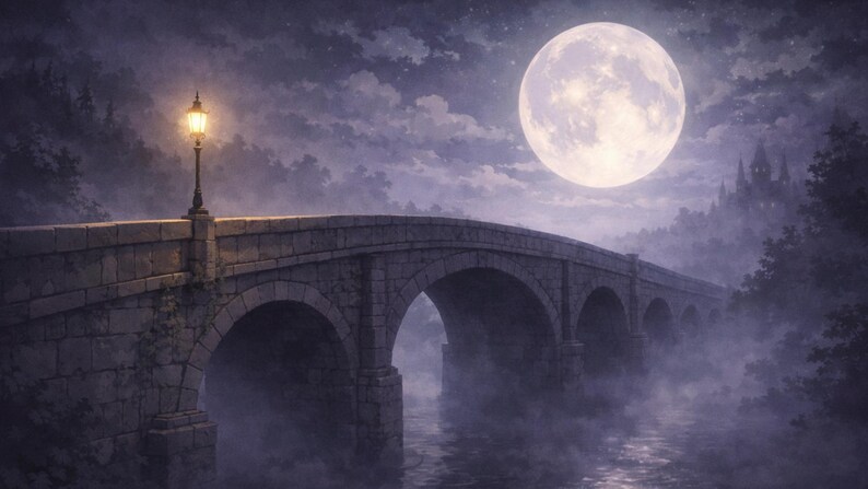 Pode incluir: Uma ponte de pedra arqueia-se sobre um rio enevoado sob a lua cheia. Um lampi&atilde;o aceso est&aacute; sobre a ponte, e um castelo &eacute; vis&iacute;vel ao longe. A cena &eacute; ambientada &agrave; noite com um clima escuro e atmosf&eacute;rico.