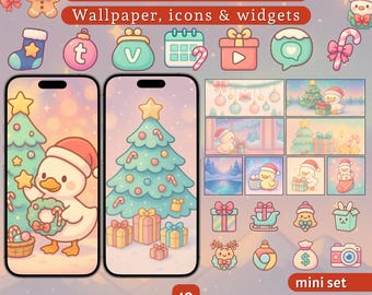 May include: A digital art set featuring a "Cute Kawaii Christmas Duck" theme. The image showcases phone wallpapers, icons, and widgets with a festive holiday design. The set includes 16 widgets, 10 wallpapers, and 60 icons, all with a cute, cartoonish aesthetic.