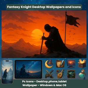 May include: Digital art featuring a knight kneeling with a sword against a sunset backdrop. The image includes desktop wallpapers, phone and tablet wallpapers, and PC icons. Text reads "Fantasy Knight Desktop Wallpapers and Icons" and "Pc Icons - Desktop, phone, tablet Wallpaper - Windows & Mac OS."