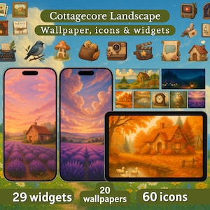 Cottagecore Phone Wallpaper iOS - Android App icon Pack + Widgets | Cozy Vintage Aesthetic App Icons for Phone - Tablet + Wallpaper Set