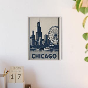 Travel Poster with Wooden Frame - USA Chicago Vacation Wheel, Wall Art Print, Travel Decor, Wanderlust Poster, Travel Gift, Chicago Art