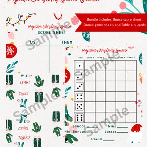 Pajama Christmas Bunco Printable, Score Sheet, Tally Sheet, Table Numbers