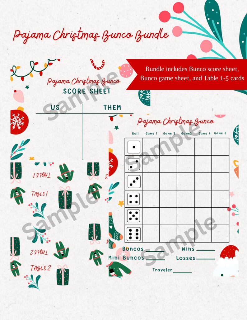 Pajama Christmas Bunco Printable, Score Sheet, Tally Sheet, Table ...