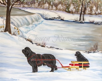 Newfoundland Dog Art Print Sleigh Ride By S Nummer