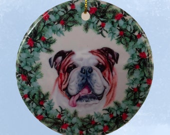 Bulldog Ceramic Holiday Christmas Ornament