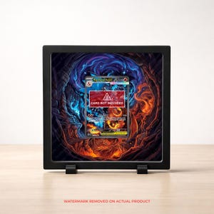 May include: A square black frame containing a vibrant illustration of a dragon in a cavern with blue and orange flames. A central rectangular card slot displays the text CARD NOT INCLUDED over a Mega Charizard X graphic card image.