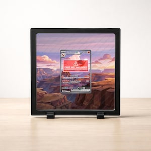 May include: A black display case holding a Charizard card with a red and white warning label that reads "CARD NOT INCLUDED". The background shows a landscape painting of a canyon with a sunset.