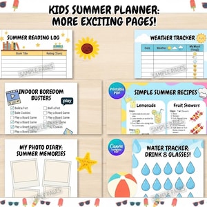 Peut inclure: Un ensemble de modèles de planificateur d'été pour enfants comprenant des pages pour un journal de lecture, un suivi météo, des activités anti-ennui, des recettes simples, un journal photo et un suivi d'hydratation avec huit gouttes d'eau.