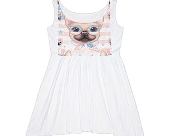 Sukienka z portretem buldoga francuskiego | Ilustracja z uroczymi okularami mopsa