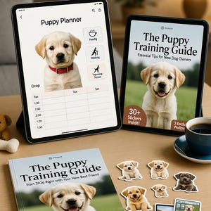 Digitale puppyplanner 2026 | Trainingslogboek voor honden + 30+ stickers en achtergronden | Printbaar puppyverzorgingsdagboek (direct te downloaden)