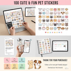 Peut inclure: Image présentant 100 autocollants mignons et amusants pour animaux de compagnie. Les autocollants représentent des chats et des chiens de dessins animés. L'image montre également les autocollants sur un ordinateur portable, une tablette, une gourde et un carnet. Le texte indique "100 CUTE & FUN PET STICKERS".