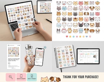 Zestaw 100 uroczych naklejek z kotami i psami – duże, 4-calowe (100 mm) cyfrowe naklejki ze zwierzętami, wzory PNG o wysokiej rozdzielczości na laptopy, butelki na wodę i planery