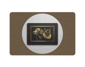 Mata pod miskę z wizerunkiem psa i kota w stylu vintage, 12x18 | Antypoślizgowa podkładka pod miskę