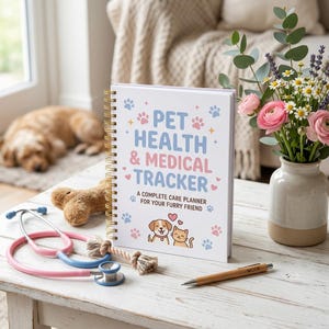 May include: A spiral-bound pet health and medical tracker planner with a white cover featuring blue and pink text, paw prints, and illustrations of a dog and cat. The planner is accompanied by a pink and blue stethoscope, a rope toy, and a pen.