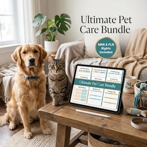 K&ouml;nnte beinhalten: Ein digitales Tablet mit dem Ultimate Pet Care Bundle, das Abschnitte f&uuml;r Monatsplaner, Impfprotokolle, Pflegeprotokolle, Di&auml;t-Tracker, Aktivit&auml;tsprotokolle, t&auml;gliche Routinen, medizinische Protokolle und Trainingstipps enth&auml;lt, inklusive MRR- und PLR-Rechten.