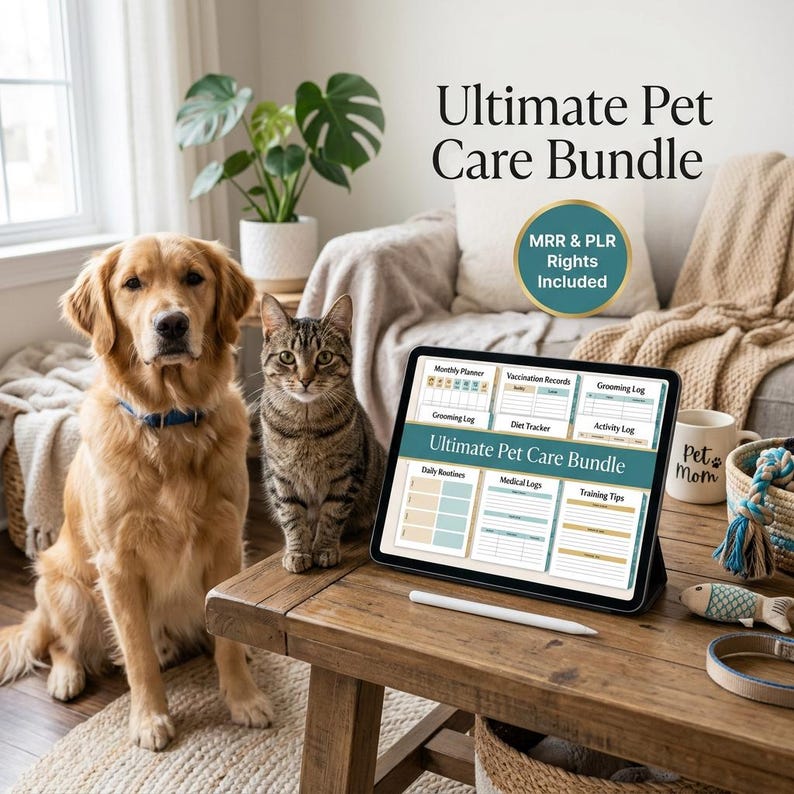 K&ouml;nnte beinhalten: Ein digitales Tablet mit dem Ultimate Pet Care Bundle, das Abschnitte f&uuml;r Monatsplaner, Impfprotokolle, Pflegeprotokolle, Di&auml;t-Tracker, Aktivit&auml;tsprotokolle, t&auml;gliche Routinen, medizinische Protokolle und Trainingstipps enth&auml;lt, inklusive MRR- und PLR-Rechten.