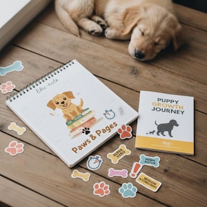 May include: A sleeping golden retriever puppy lies on a wooden surface beside a spiral-bound notebook with "Paws & Pages" and a puppy illustration. Also, a book titled "Puppy Growth Journey" and stickers.
