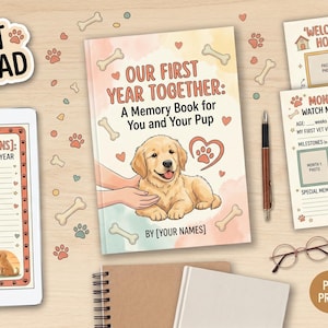 Peut inclure: Un livre de souvenirs intitulé "Our First Year Together: A Memory Book for You and Your Pup" avec une illustration de chiot golden retriever. Comprend des pages imprimables, une tablette avec des instructions de modification Canva et le texte "Téléchargement instantané".