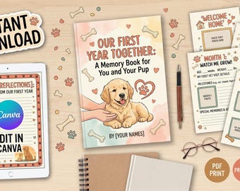 Bearbeitbares Welpen-Erinnerungsbuch, Tagebuch unseres ersten gemeinsamen Jahres, Digitaler Meilensteinplaner für Haustiere, Geschenk für neue Hundebesitzer, Canva-Vorlage für ein Hunde-Scrapbook